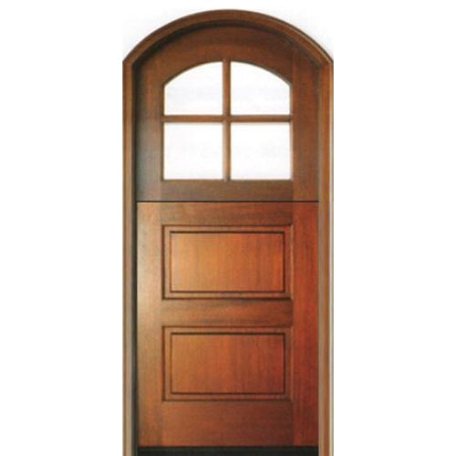 Pre-hung 6'-8" Tall 4 Lite Arch Top Mahogany Wood Dutch Door with 2 Horizontal Bottom Panels