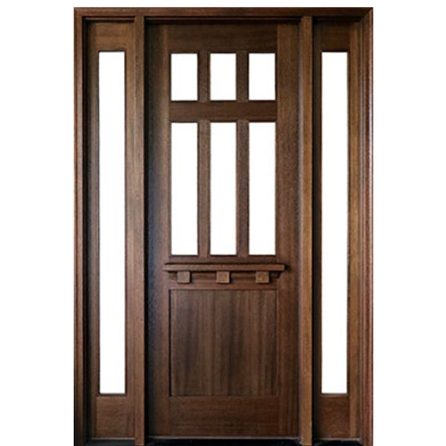 36"x96" Craftsman Style Mahogany 6-Lite Entry Door with Two Sidelites and Clear Beveled Low-E Glass