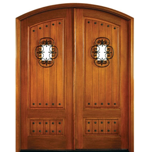 Pre-hung Solid 2-Panel Mahogany Wood Double Entry Doors with Speakeasy and Clavos