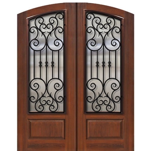 Pre-hung 3/4 Lite Arch Top Fiberglass Double Entry Door with Marbella Iron Grille Design