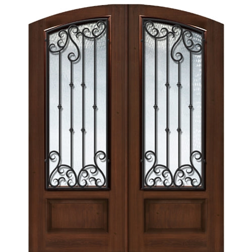 Pre-hung 3/4 Lite Arch Top Fiberglass Double Entry Door with Valencia Grille Design