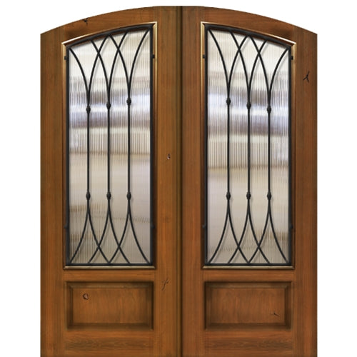 Pre-hung 3/4 Lite Arch Top Fiberglass Double Entry Doors with Warwick Iron Grille Design