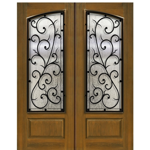 3/4 Arch Lite Fiberglass Double Entry Door with Bellagio Iron Grille