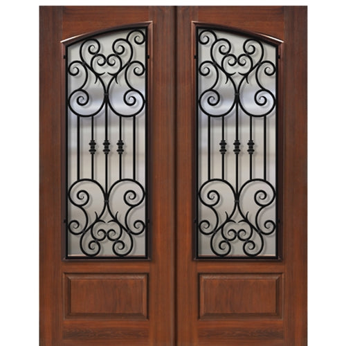 3/4 Arch Lite Fiberglass Double Entry Door with Marbella Iron Grille Design