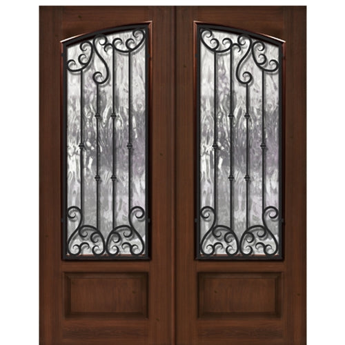 3/4 Arch Lite Square Top Fiberglass Double Entry Door with Valencia Iron Grille Design