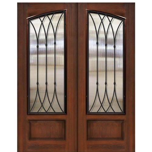 3/4 Arch Lite Square Top Fiberglass Double Entry Door with Warwick Iron Grille Design