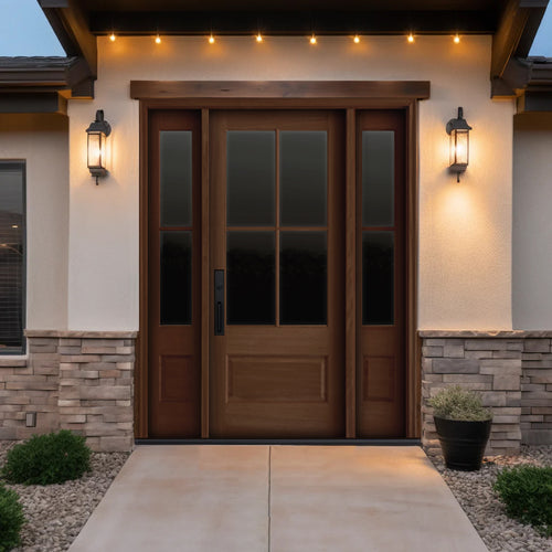 7221-1-1SL121 | Prehung 4 Lite 1 Panel Mahogany TDL Entry Door and a 14" 2-Lite Sidelite with Insulated, Beveled Glass