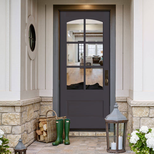 7231ST-2 | 6 Lite 1 Panel Mahogany TDL Double Entry Door with Top Rail Arch and Insulated, Beveled Glass