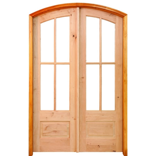 Prehung 4 Lite 1 Panel Arch Top Mahogany TDL Double Entry Door with Insulated, Beveled Glass