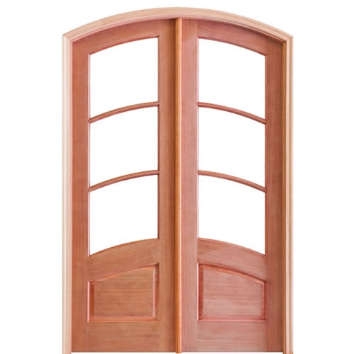 Pre-Hung 3-Lite 1-Panel Curved Bars Arch Top Mahogany TDL Double Doors with Insulated Beveled Glass