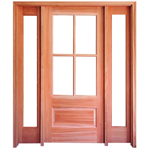 Prehung 4 Lite 1 Panel Mahogany TDL Entry Door with 14" Full-Lite Sidelites and Insulated, Beveled Glass