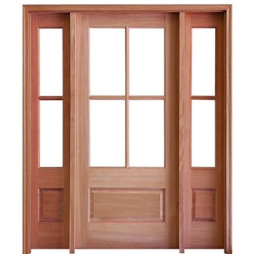 Prehung 4 Lite 1 Panel Mahogany TDL Entry Door and 14" 2 Lite 1 Panel Sidelites with Insulated, Beveled Glass