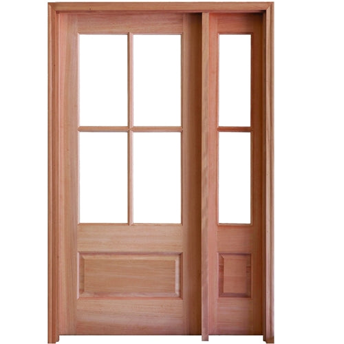 Prehung 4 Lite 1 Panel Mahogany TDL Entry Door and a 14" 2-Lite Sidelite with Insulated, Beveled Glass