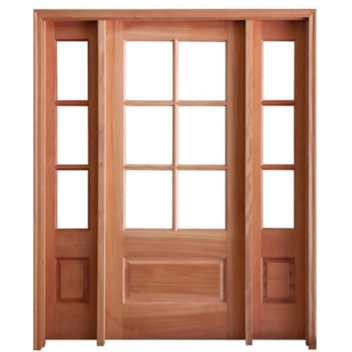 Prehung 6 Lite 1 Panel Mahogany TDL Entry Door and 14" 3 Lite 1 Panel Sidelites with Insulated, Beveled Glass