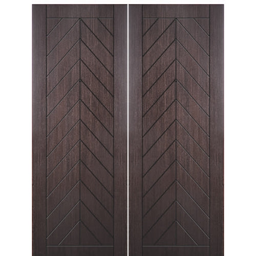 Flush Fiberglass Entry Double Door with Modern Chevron Design, Mahogany Wood Grain Skin