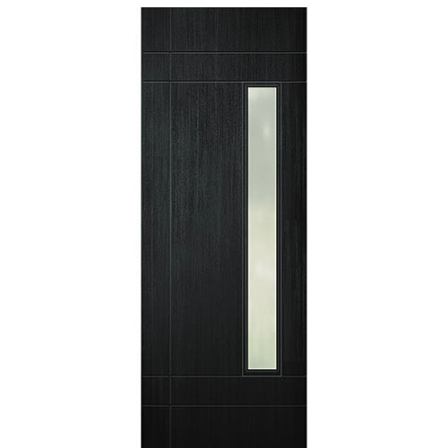 Modern Fiberglass Front Door with Side Vertical Glass Panel, Mahogany Wood Grain Texture 