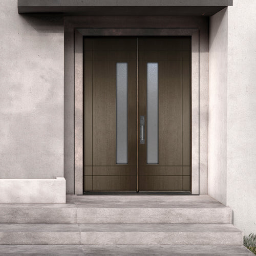 Santa Barbara FG | Prehung  Modern Fiberglass Double Doors with Vertical Glass Panel, Mahogany Wood Grain Texture