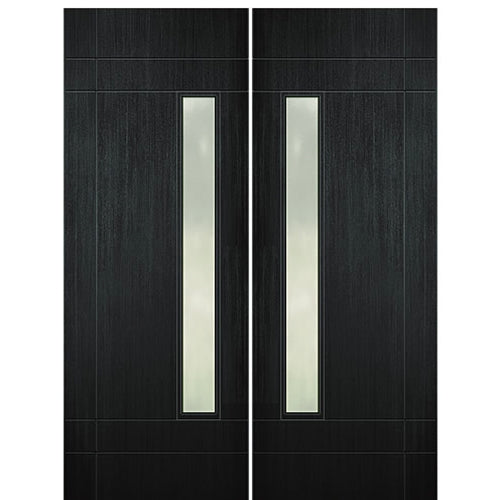 Prehung  Modern Fiberglass Double Doors with Vertical Glass Panel, Mahogany Wood Grain Texture 