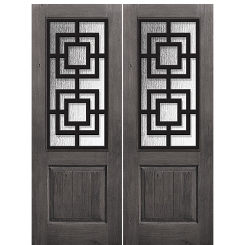 96" Tall 1-Panel 2/3 Lite Moderna, Knotty Alder Wood Grain Fiberglass Double Entry Door with Steel Grille