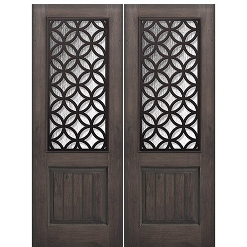 96" Tall 1-Panel 2/3 Lite Eclectic Design Fiberglass Double Entry Door  with  Knotty Alder Wood Grain