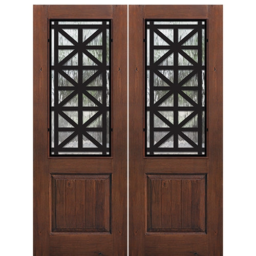 96" Tall 1-Panel 2/3 Lite Contempo Fiberglass Double Entry Door with Knotty Alder Wood Grain