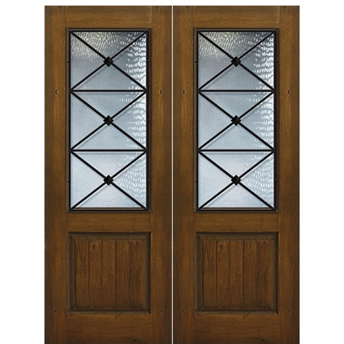 96" Tall 1-Panel 2/3 Lite Republic Design Fiberglass Entry Double Door with Knotty Alder Wood Grain