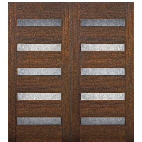 72"X80" Contemporary 5-Lite Horizontal Lite Mahogany Wood Double Entry Door