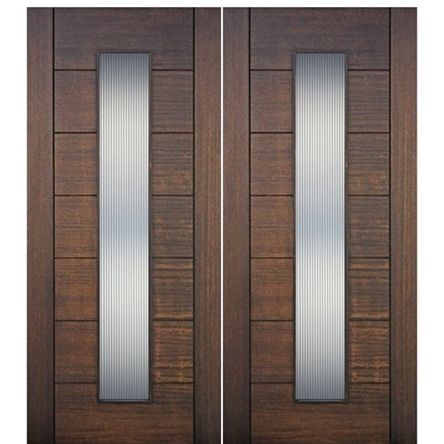 96" Tall 1-Lite Vertical Contemporary Style Mahogany Wood Double Entry Door