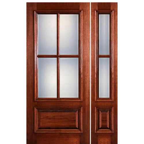 80" Tall 4-Lite 1-Panel True Divided Lite (TDL) Mahogany Wood Exterior Door With Raised Moulding and One Sidelite