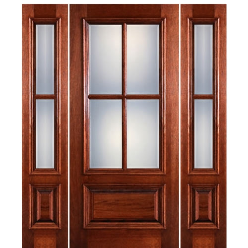 4-Lite 1-Panel True Divided Lite (TDL) Mahogany Wood Entry Door With Raised Moulding and Two Sidelites