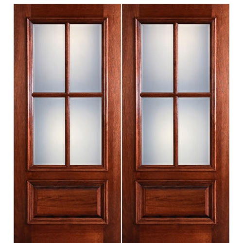 80" Tall  4-Lite 1-Panel True Divided Lite (TDL) Mahogany Wood Exterior Double Doors with Raised Moulding
