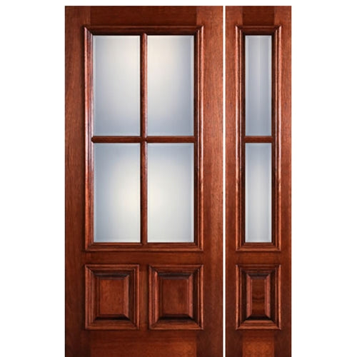 36"X80" 4-Lite 2-Panel True Divided Lite (TDL) Mahogany Wood Exterior Door With Raised Moulding and One Sidelite