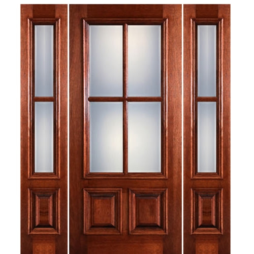 36"x 80"4-Lite 2-Panel True Divided Lite (TDL) Mahogany Wood Entry Door with Raised Moulding  and Two Sidelites