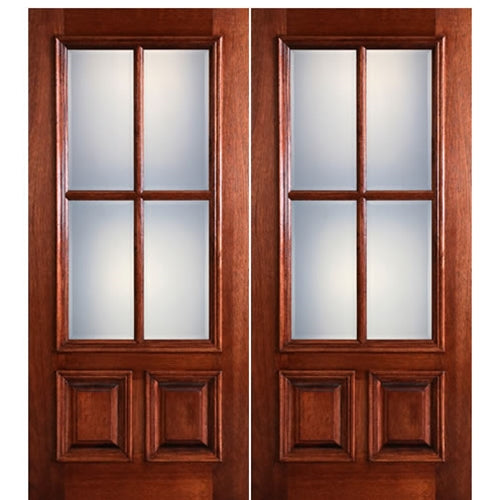 72X80" 4-Lite 2-Panel True Divided Lite (TDL) Mahogany Wood Entry Double Doors with Raised Moulding 
