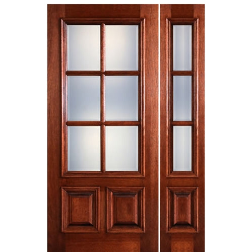 36X80" 6-Lite 2-Panel True Divided Lite (TDL) Mahogany Wood Exterior Door With Raised Moulding and One Sidelite