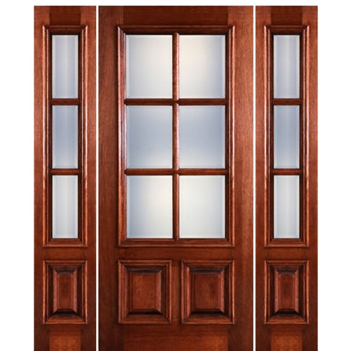 36"x 80"6-Lite 2-Panel True Divided Lite (TDL) Mahogany Wood Entry Door with Raised Moulding  and Two Sidelites