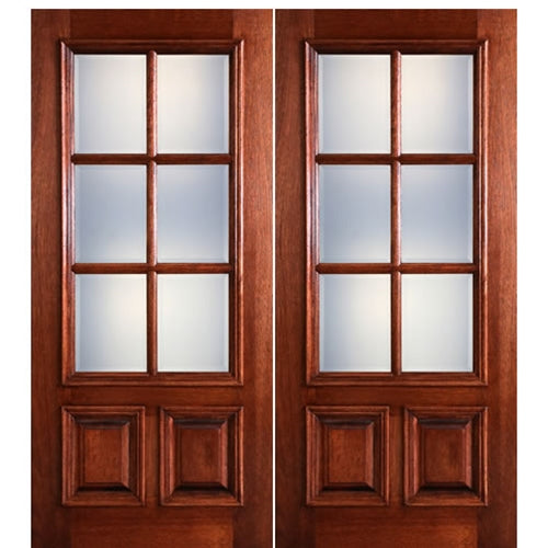 72X80" 6-Lite 2-Panel True Divided Lite (TDL) Mahogany Wood Entry Double Doors with Raised Moulding 
