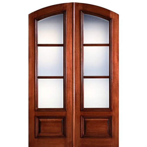 Pre-hung 96" Tall 3 Lite Arch Top True Divided Lite (TDL) Mahogany Wood Entry Double Doors
