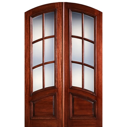 Prehung 60"x96" 6 Lite Arch Top Curved Panel True Divided Lite (TDL) Mahogany Wood Entry Double Doors
