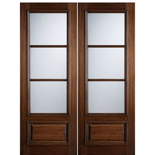 96" Tall 3-Lite 1-Panel True Divided Lite (TDL) Mahogany Wood Entry Double Doors 
