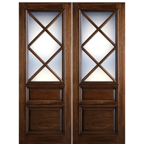 96" Tall 7-Lite 2-Panel True Divided Lite (TDL) Mahogany Wood Entry Double Doors 
