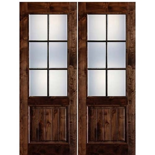 6-Lite 1-Panel True Divided Lite (TDL) Knotty Alder Wood Entry Double Door with V-Grooved Bottom Panels