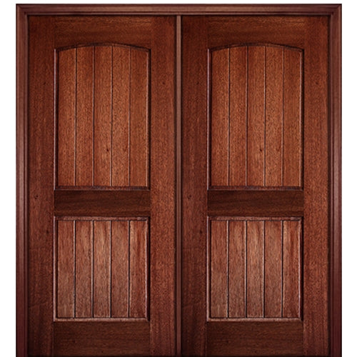 80" Tall 2 Panel V Grooved Arched Panel Solid Mahogany Double Door 
