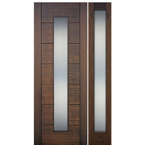 96" Tall 1-Lite Vertical Glass Contemporary Mahogany Wood Entry Door with Full Lite Sidelite