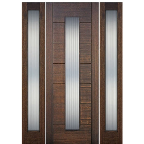 96" Tall 1-Lite Vertical Glass Contemporary Mahogany Wood Entry Door with Full Lite Sidelites