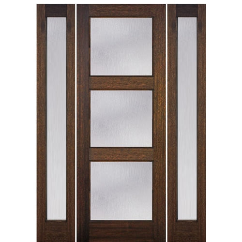 96" Tall Contemporary 3-Lite  Mahogany Wood Entry Door with Full Lite Sidelites