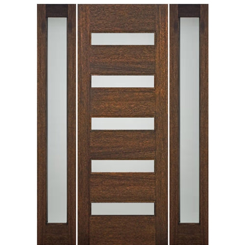 36"x80" Contemporary 5-Lite Horizontal Lite Mahogany Wood Door with Full Lite Sidelites