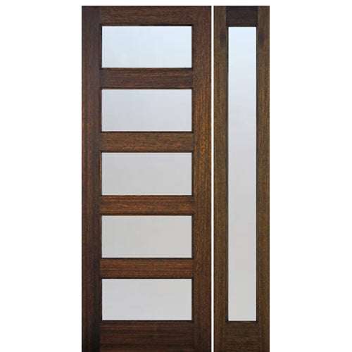 96" Tall Contemporary 5-Lite Mahogany Wood Entry Door Door with Full Lite Sidelite