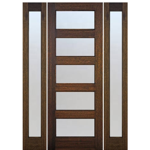 96" Tall Contemporary 5-Lite Mahogany Wood Entry Door with Full Lite Sidelites