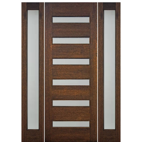 36"X96" 6-Lite Horizontal Contemporary style Mahogany Wood Entry Door with Full Lite Sidelites